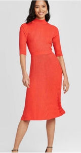 WHO WHAT WEAR Orange Ribbed Mock Neck‎ Elbow Sleeve Midi Sweater Dress Photo 0