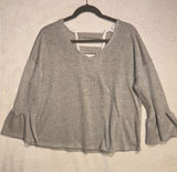 Ces Femme Grey Ribbed Knit V-Neck Sweater Bell Sleeve Lattice Back Top‎ Photo 0