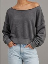 AERIE Boxy Cropped Relaxed Off-Shoulder Sweatshirt Mineral Dye Graphite Size M Photo 0