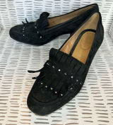Franco Sarto Womens Black Suede Studded Kiltie Loafer Block Heels Size 8.5M Photo 0