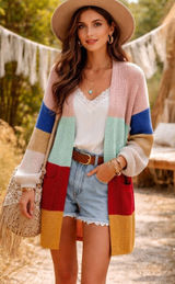 Boho L / XL Cardigan Knit Sweater Long Rainbow Striped Open Front Lara Fashion Photo 0