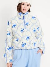 Old Navy Women’s Sz Medium Sherpa Quarter Zip Sweatshirt White Blue Floral Print Photo 0