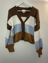 Pink Rose Striped V-Neck Cropped Cardigan in Brown, Light Blue & White Size Larg Photo 0