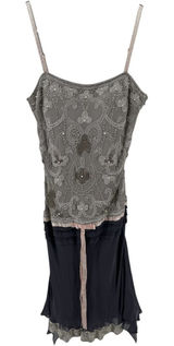 Vintage Cache Dress 100% Silk Knee Beaded Embellished Bow Cami Gray Purple 4 Photo 0