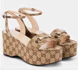Gucci Lady Horsebit GG Supreme Canvas Platform Sandals Beige 37.5 Box Dust Bags Photo 0