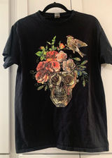 Gildan Black T-Shirt Skull Flowers Bird Dark Poe whimsy goth‎ Medium Photo 0