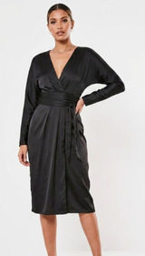 NWT ASOS DESIGN satin midi black dress with batwing sleeve and wrap waist Size 6 Photo 0