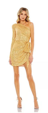 NWT IEENA Mac Duggal‎ One Shoulder Sequin Mini Dress 2 Gold 26977 Cocktail Party Photo 0