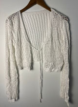 LRG White Knit Cropped Cardigan Long Sleeve Tie Front Shrug Boho Granny Cottage Photo 0