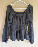Madewell Gray Smocked Peplum Top Long Sleeve Square Neck Knit Blouse Medium Photo 0