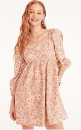 J.CREW Floral Square Neck Puff Long Sleeve Smocked Mini Dress 100% Cotton L Photo 0