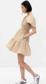 Gap Women Smocked Mini Dress Tan‎ Khaki Puff Sleeve Tiered Cotton L NEW Photo 0