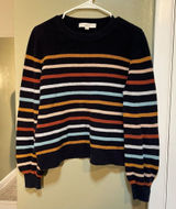 Loft Womens Size Large Crewneck Sweater Navy Blue Multicolor Stripes 100% Cotton Photo 0