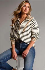BKE Womwn’s Cream, Black & Brown Striped Half-Zip Sweater Photo 0