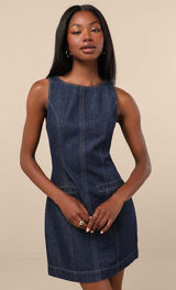 NWT Lulus Cataleya Dark Wash Denim Boat Neck Mini Dress Casual Weekend Size XS Photo 0