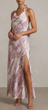 Hello Molly Full Time Glam Girl Maxi Dress Purple Abstract Cowl Neck Slit Size S Photo 0
