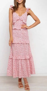 Petal & Pup Red White Deep V-Neck Ruffled Tiered Cutout Back Maxi Sundress Sz 8 Photo 0