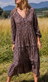 Faherty Isabella Tiered Midi Maxi Dress XL Dark Paisley Floral Long Sleeve Boho Photo 0