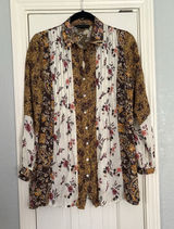 Jane + Delancey Tunic‎ Women Small Gold Mixed Floral Paisley Pintuck Button Down Photo 0