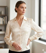 Semantiks Light Cream Stretch Silk Collared Long Sleeve Blouse Photo 0
