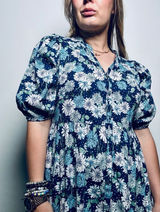 Paul & Joe x Uniqlo Navy Blue Floral Button-Down Puff Sleeve Tiered Dress Photo 0