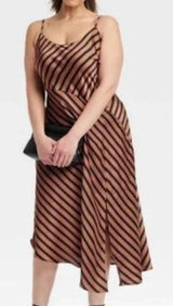 A New Day Women S Brown Striped Satin Slip Midi Dress Adjustable Straps NWT Photo 0