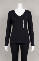US Polo Assn Womens Black V-Neck Long‎ Sleeve Cotton T-Shirt Logo Large Capsule Photo 0
