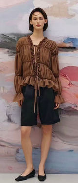 Zara Ruched Sheer Blouse Brown Ruffle Tie Front Long Sleeve Romantic Top NWT M Photo 0
