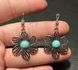 Southwestern Faux Turquoise Flower Dangle Earrings Silver Tone Boho Photo 0