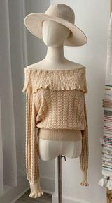 Crazy In Love Beige Linen Blend Off-The Shoulder Ruffle Sweater M Photo 0