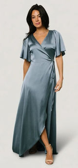 Baltic Born NWT Vara Satin Wrap Dress Womens Large Dusty Blue Maxi Party Wedding Photo 0