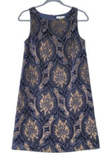 LOFT Shift Dress Navy Blue Gold Damask Velvet Burnout Sleeveless Womens XS Photo 0