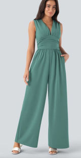 NWOT Halara Green V Neck Sleeveless Ruched Pocket Jumpsuit-Easy Peezy Photo 0