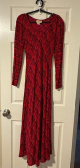 Vintage 1970s Lady Bug California Red Plaid Long Sleeve Maxi Dress 3/4 Photo 0