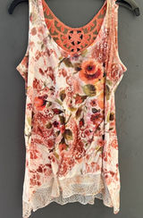 Y2k Fairy Floral Crochet Lace Trim Sleeveless Top Orange Red Rhinestone Large Photo 0