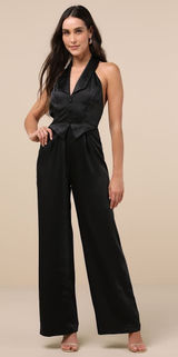 NWT Lulus Sensationally Sophisticated Black Satin Halter Vest Jumpsuit Party M Photo 0