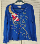 Vintage Jack B Quick Blue Embellished Santa Moon Christmas Cardigan Sweater‎ L Photo 0
