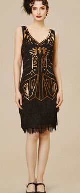Babeyond Black & Gold Art Deco Fringe Cocktail Dress flapper costume sequins Photo 0