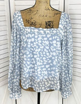 Lucca Petal Print Square‎ Neck Crop Blouse Blue White Large Long Balloon Sleeve Photo 0