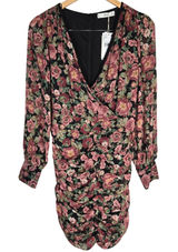 MNG Mango Women's Floral Long Sleeve‎ Mini Dress Ruched Bodycon V Neck Photo 0