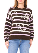 Parker Women Sweater Large Brown Striped Flora Embroidered Cozy Oversize Photo 0