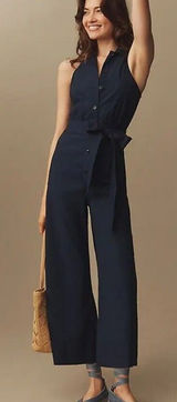 Maeve by Anthropologie Navy Halter Button-Front Sleeveless Jumpsuit - Size - 12 Photo 0
