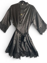 Black Bridesmaid Satin Lace Kimono Robe‎ With Tie Sash Large Photo 0