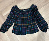 LOFT Black Navy Plaid Off-Shoulder Peplum Long-sleeve Blouse Size L Photo 0