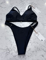 NWT Quince Black Italian V Neck Bikini To o & High Rise Ring Bottom Set Large Photo 0