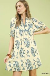 Umgee Mix Paisley Scallop Trim Dress - Blue Mix - Small Photo 0