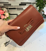 Badgley Mischka Bag Leather Crossbody Brown with Bow and Logo Detail Photo 0