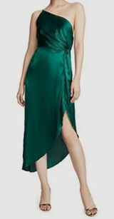 O.P.T. One Shoulder Satin Ivy Midi Dress Size S‎ Green High Slit Lined New Photo 0