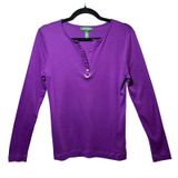 Lauren Ralph Lauren Purple‎ Long Sleeve Split Neck Top Gold Hardware Cotton Med Photo 0