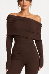 NWT Naked Wardrobe Off the Shoulder Brown Smooth Long Sleeve Blouse Top Shirt XL Photo 0